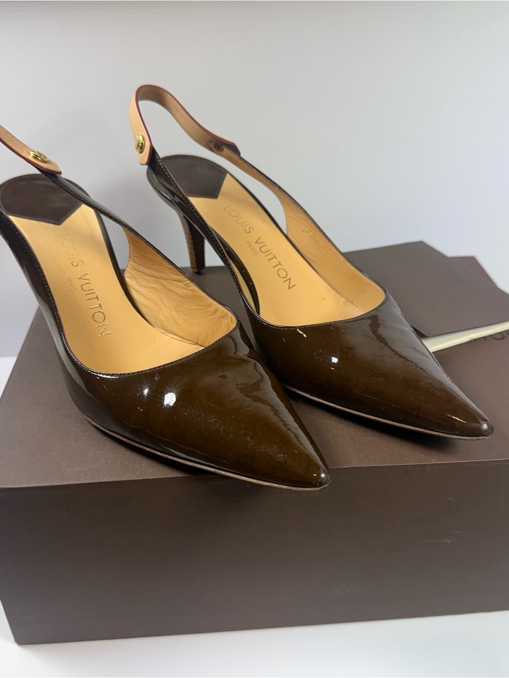 Louis Vuitton Monogram Dark Brown Patent Leather Pointed Slingback Heels